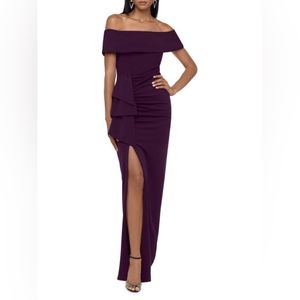 Xscape Off Shoulder Slit Evening Gown